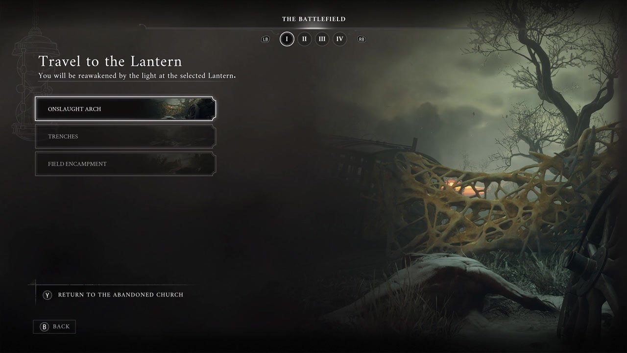 Valor Mortis — The Lantern travel menu in the gameplay overview.