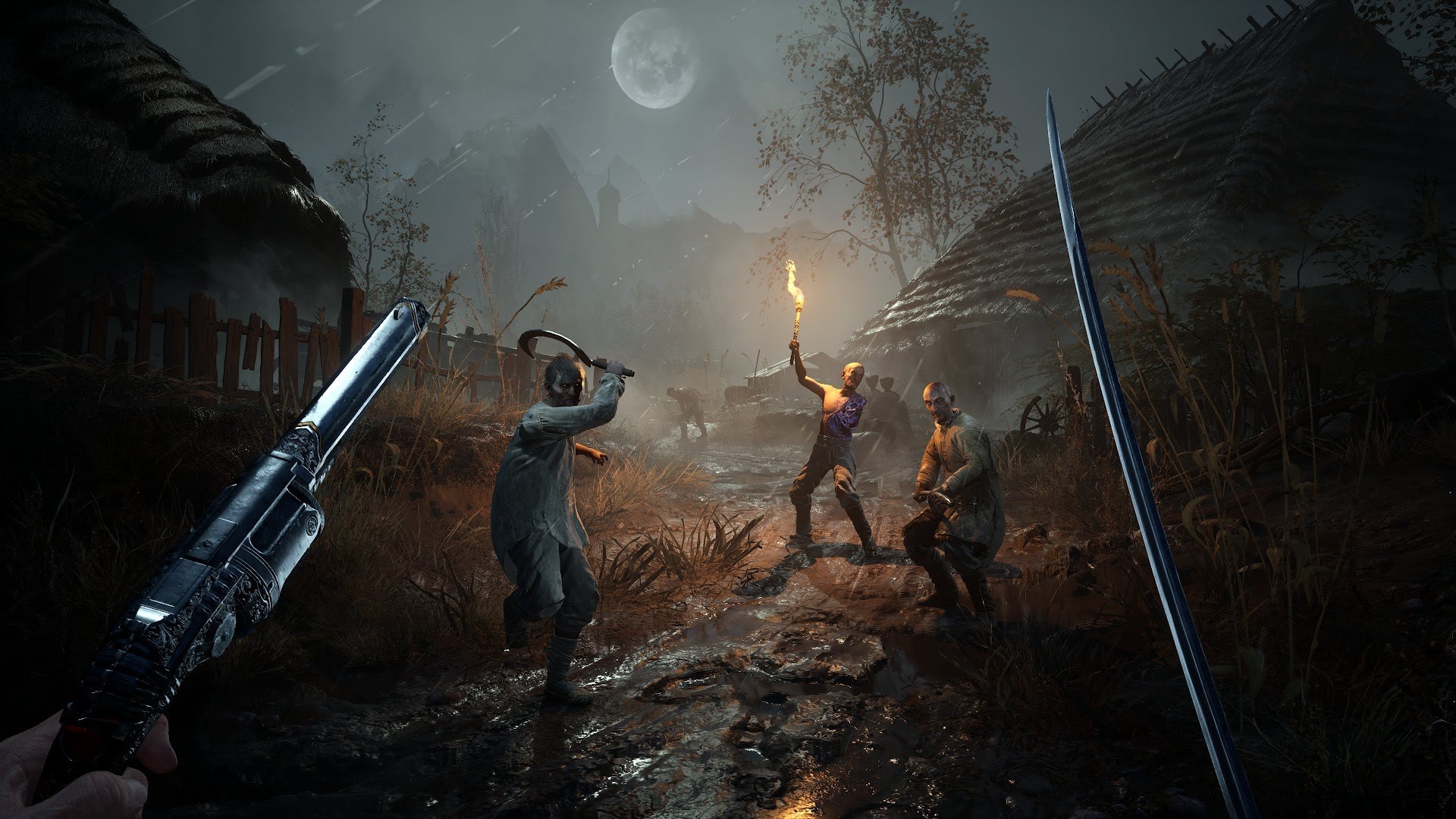 Valor Mortis — A pistol aimed at enemies in a village.